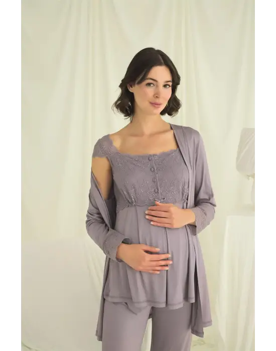 ieg™ Dantelli Önü Düğmeli Hamile Lohusa 3lü Pijama Takımı