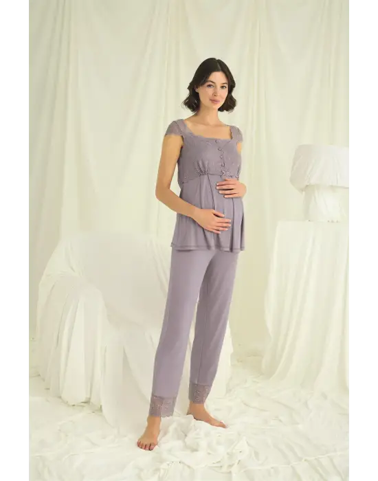 ieg™ Dantelli Önü Düğmeli Hamile Lohusa 3lü Pijama Takımı