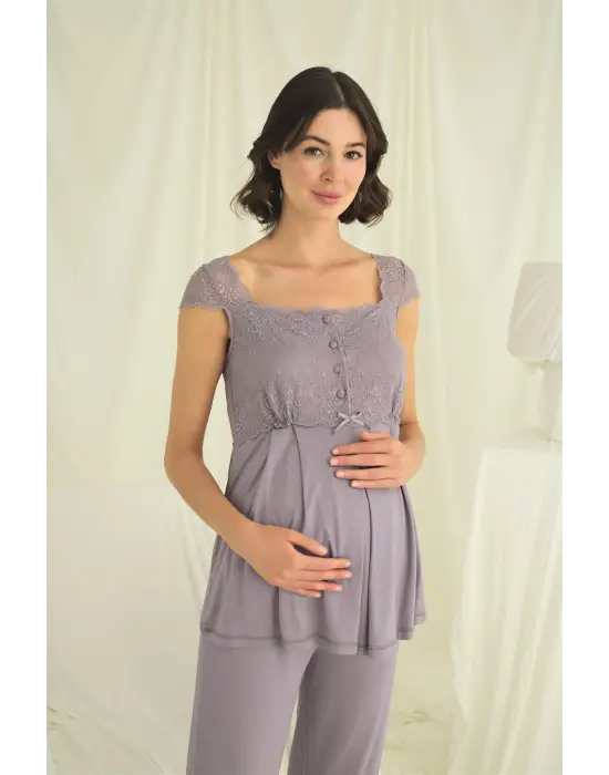 ieg™ Dantelli Önü Düğmeli Hamile Lohusa 3lü Pijama Takımı
