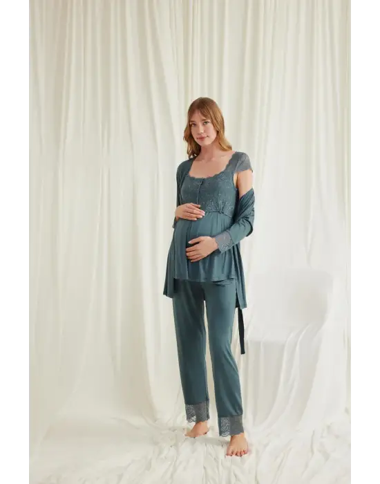 ieg™ Dantelli Önü Düğmeli Hamile Lohusa 3lü Viskon Pijama Takımı
