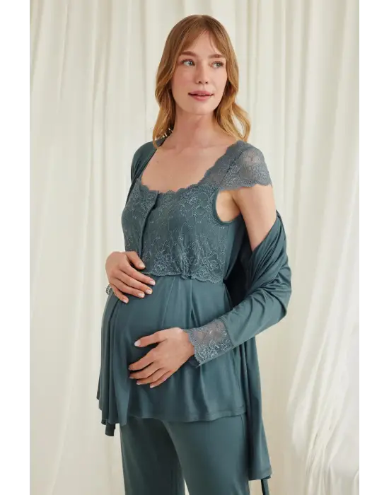 ieg™ Dantelli Önü Düğmeli Hamile Lohusa 3lü Viskon Pijama Takımı