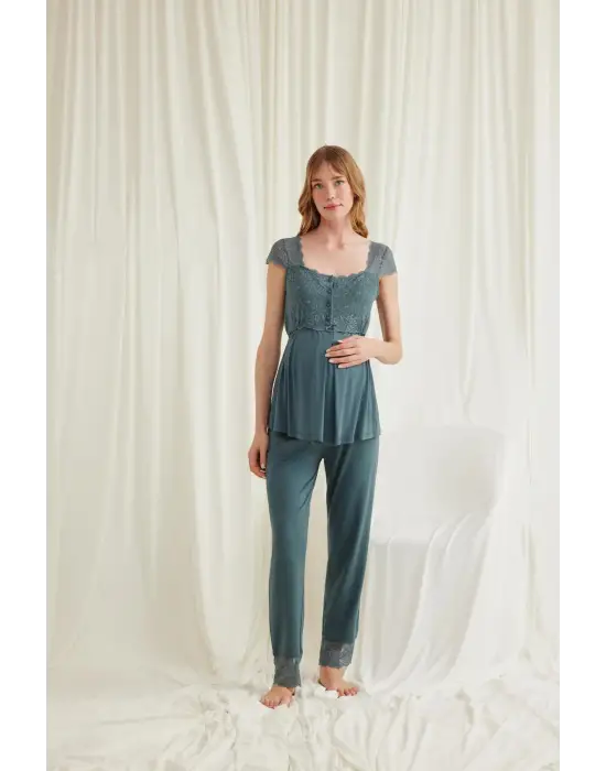 ieg™ Dantelli Önü Düğmeli Hamile Lohusa 3lü Viskon Pijama Takımı