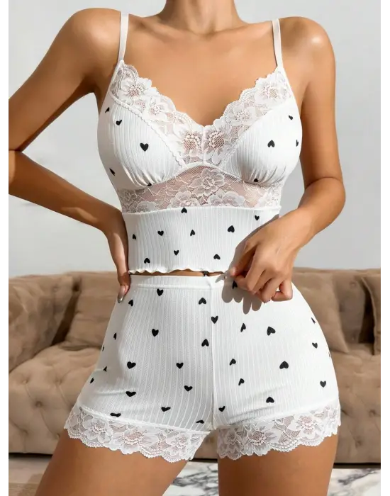 ieg™ Dantelli Siyah Kalpli Şortlu Pijama Takımı