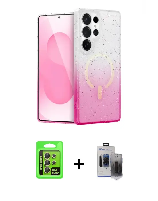 ieg™ Galaxy S24 Ultra Kılıf Eksen Minimal Özel Seri - Siyah Vanessa Magic Hayalet Cam + Raze Metal Kamera Lens - SI