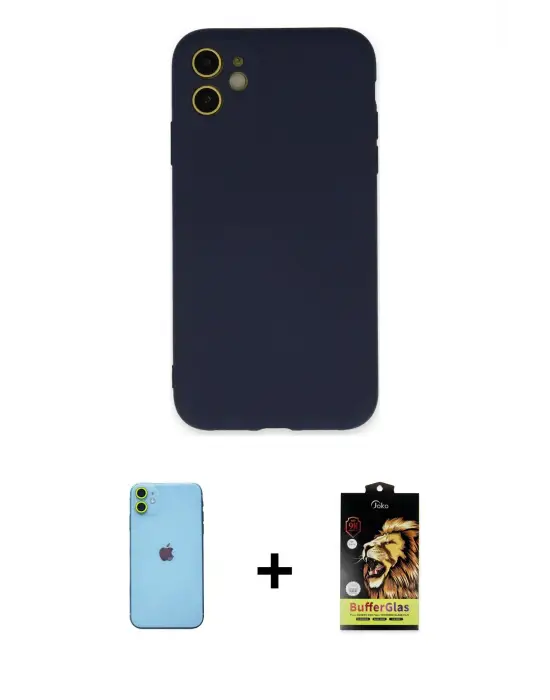 ieg™ iPhone 11 Kılıf Ahenk Serisi - Siyah Buffer Cam Ekran Koruyucu + Neon Fosforlu Kamera Lens - YL