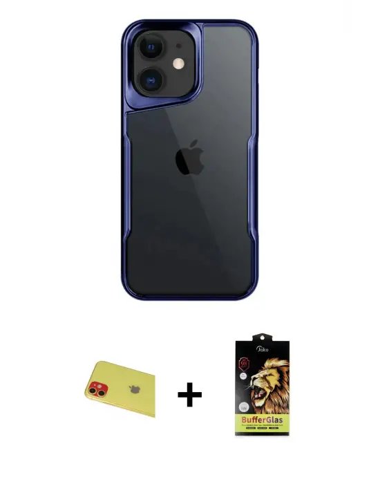 ieg™ iPhone 11 Kılıf Akış Çizgi Koleksiyonu - Siyah Buffer Cam Ekran Koruyucu + Rainbow Kamera Lens Koruma Cam - KI