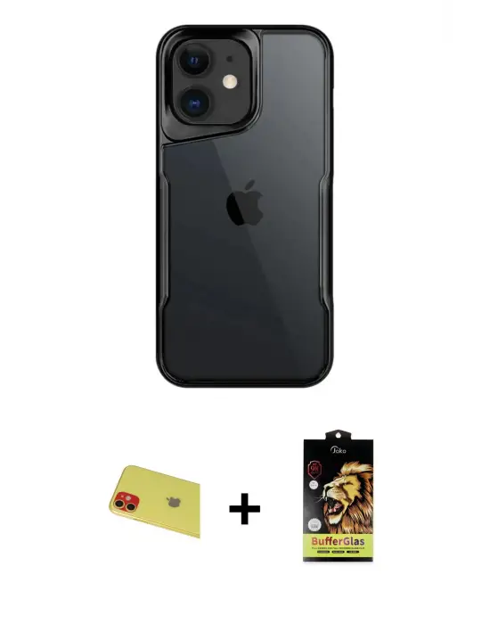 ieg™ iPhone 11 Kılıf Akış Çizgi Koleksiyonu - Siyah Buffer Cam Ekran Koruyucu + Rainbow Kamera Lens Koruma Cam - KI