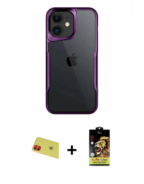 ieg™ iPhone 11 Kılıf Akış Çizgi Koleksiyonu - Siyah Buffer Cam Ekran Koruyucu + Rainbow Kamera Lens Koruma Cam - KI