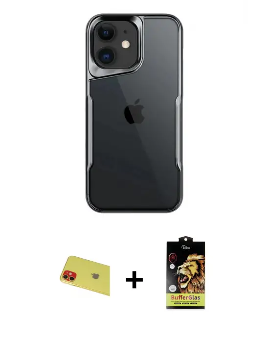 ieg™ iPhone 11 Kılıf Akış Çizgi Koleksiyonu - Siyah Buffer Cam Ekran Koruyucu + Rainbow Kamera Lens Koruma Cam - KI