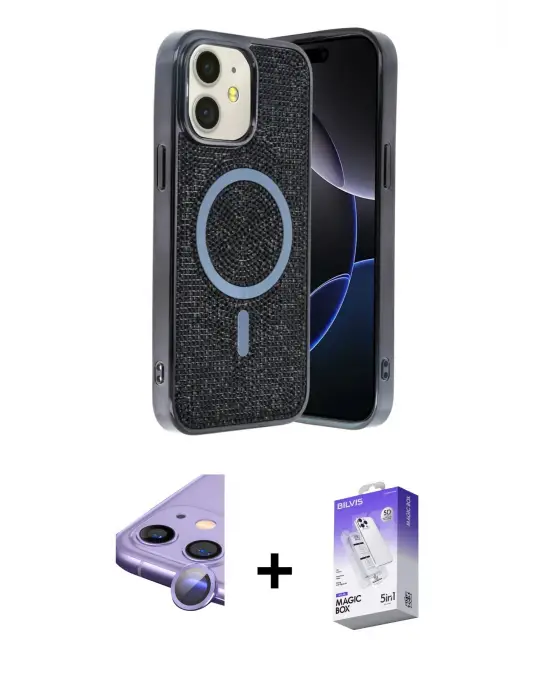 ieg™ iPhone 11 Kılıf Eksen Çizgi - Siyah Bilvis 5in1 3D Magic Cam Ekran Koruyucu + Raze Metal Kamera Lens - MR