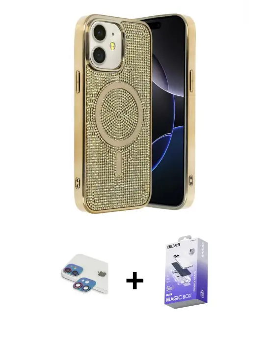ieg™ iPhone 11 Kılıf Eksen Çizgi - Siyah Bilvis 5in1 5D Magic Hayalet Cam Ekran Koruyucu + Pers Alüminyum Kamera Lens - GI