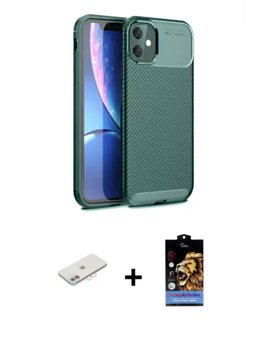ieg™ iPhone 11 Kılıf Eksen Form Prime - Siyah Buffer Hayalet Cam Ekran Koruyucu + Renkli Kamera Lens Koruma Cam - PE
