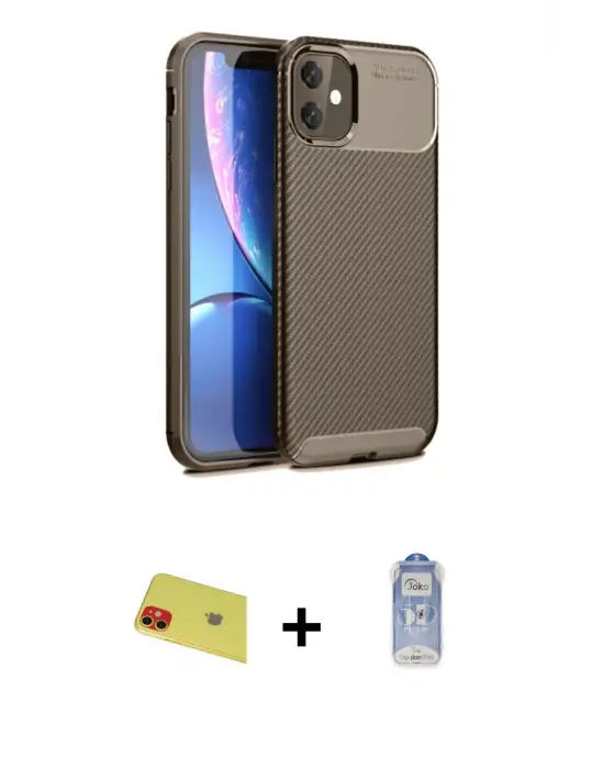 ieg™ iPhone 11 Kılıf Eksen Form Prime - Siyah Joko Magic 5D Cam + Rainbow Kamera Lens Koruma Cam - KI