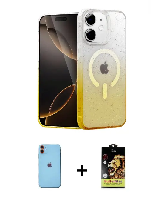 ieg™ iPhone 11 Kılıf Eksen Minimal Özel Seri - Siyah Buffer Cam Ekran Koruyucu + Neon Fosforlu Kamera Lens - TU