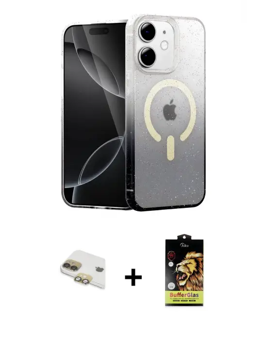 ieg™ iPhone 11 Kılıf Eksen Minimal Özel Seri - Siyah Buffer Cam Ekran Koruyucu + Pers Alüminyum Kamera Lens - GD
