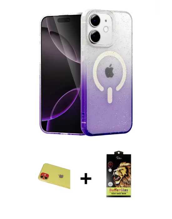 ieg™ iPhone 11 Kılıf Eksen Minimal Özel Seri - Siyah Buffer Cam Ekran Koruyucu + Rainbow Kamera Lens Koruma Cam - KI