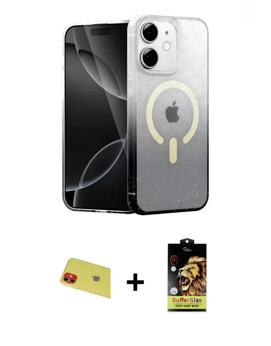 ieg™ iPhone 11 Kılıf Eksen Minimal Özel Seri - Siyah Buffer Cam Ekran Koruyucu + Rainbow Kamera Lens Koruma Cam - KI