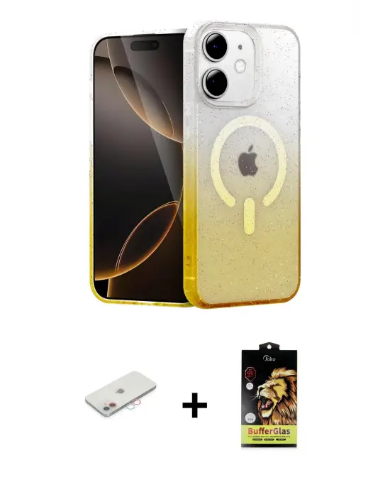 ieg™ iPhone 11 Kılıf Eksen Minimal Özel Seri - Siyah Buffer Cam Ekran Koruyucu + Renkli Kamera Lens Koruma Cam - PE