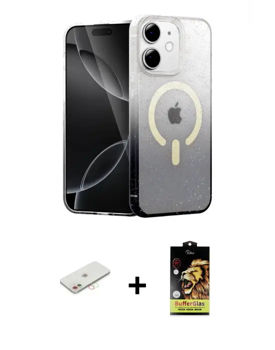 ieg™ iPhone 11 Kılıf Eksen Minimal Özel Seri - Siyah Buffer Cam Ekran Koruyucu + Renkli Kamera Lens Koruma Cam - YL