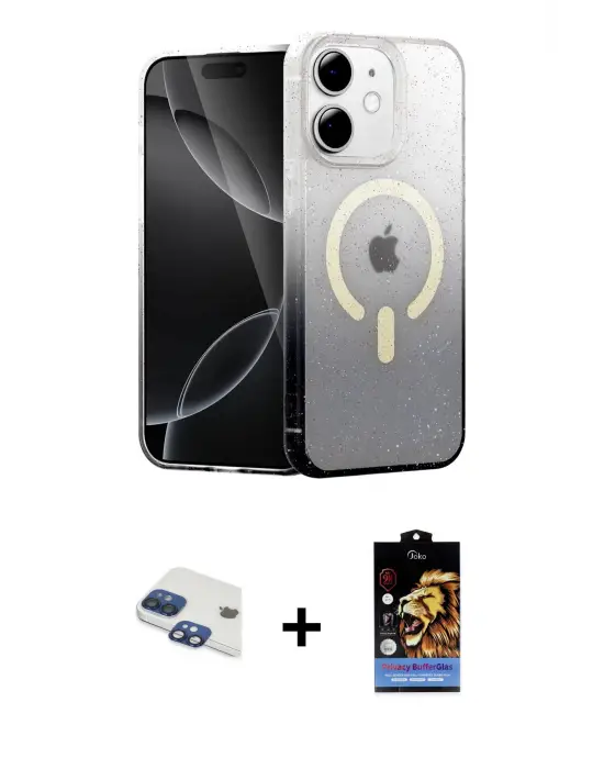 ieg™ iPhone 11 Kılıf Eksen Minimal Özel Seri - Siyah Buffer Hayalet Cam Ekran Koruyucu + Pers Alüminyum Kamera Lens - LT