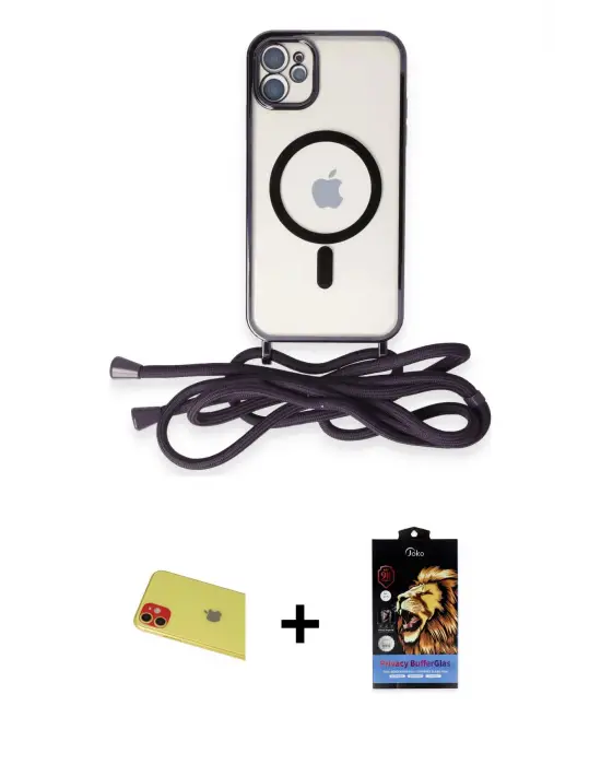 ieg™ iPhone 11 Kılıf Eksen Özel Seri - Siyah Buffer Hayalet Cam Ekran Koruyucu + Rainbow Kamera Lens Koruma Cam - KI