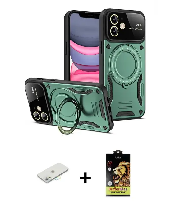 ieg™ iPhone 11 Kılıf Kıvılcım Modern Serisi - Siyah Buffer Cam Ekran Koruyucu + Renkli Kamera Lens Koruma Cam - SI