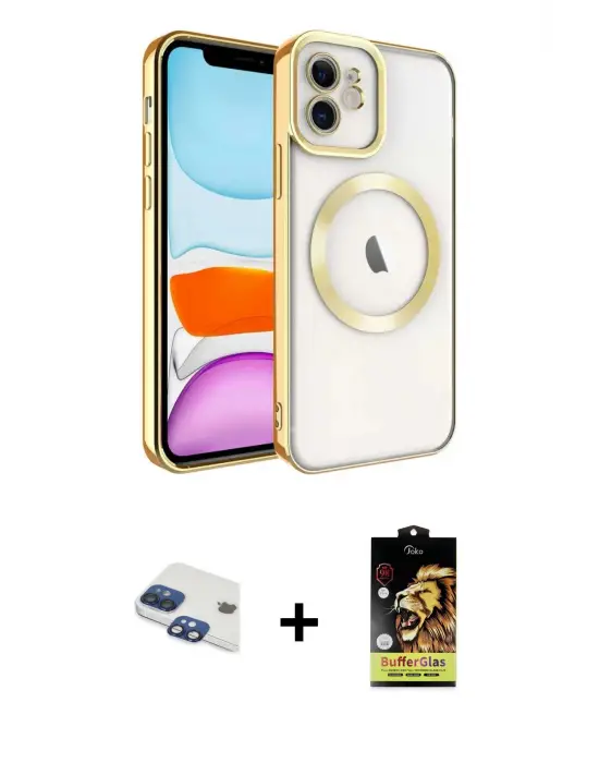 ieg™ iPhone 11 Kılıf Nova Işık Özel Seri - Siyah Buffer Cam Ekran Koruyucu + Pers Alüminyum Kamera Lens - LT