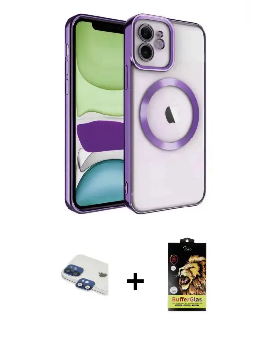 ieg™ iPhone 11 Kılıf Nova Işık Özel Seri - Siyah Buffer Cam Ekran Koruyucu + Pers Alüminyum Kamera Lens - LT