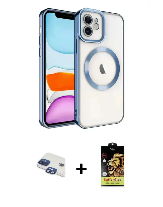 ieg™ iPhone 11 Kılıf Nova Işık Özel Seri - Siyah Buffer Cam Ekran Koruyucu + Pers Alüminyum Kamera Lens - LT
