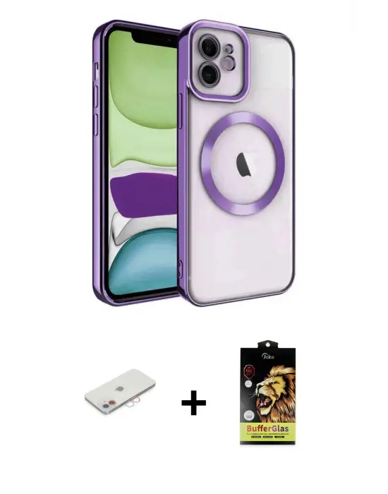 ieg™ iPhone 11 Kılıf Nova Işık Özel Seri - Siyah Buffer Cam Ekran Koruyucu + Renkli Kamera Lens Koruma Cam - PE
