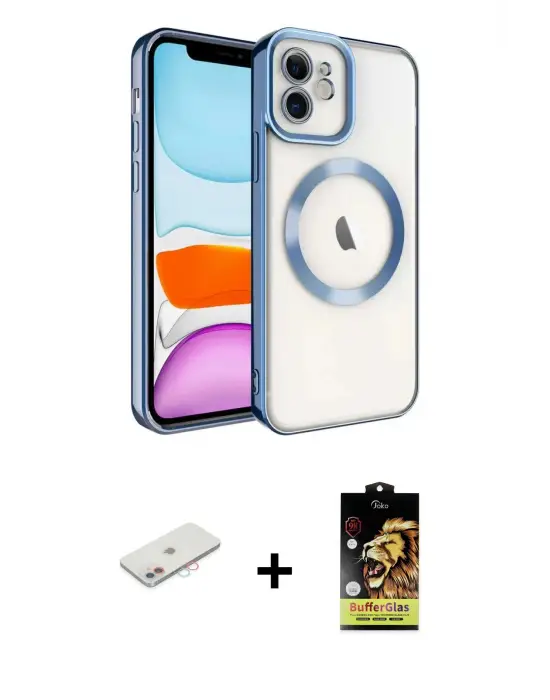 ieg™ iPhone 11 Kılıf Nova Işık Özel Seri - Siyah Buffer Cam Ekran Koruyucu + Renkli Kamera Lens Koruma Cam - PE