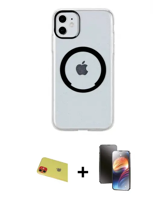 ieg™ iPhone 11 Kılıf Pusula Form - Siyah 3D Antistatik Mat Seramik Nano Ekran Koruyucu + Rainbow Kamera Lens Koruma Cam - KI
