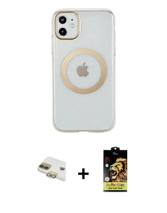 ieg™ iPhone 11 Kılıf Pusula Form - Siyah Buffer Cam Ekran Koruyucu + Pers Alüminyum Kamera Lens - GD