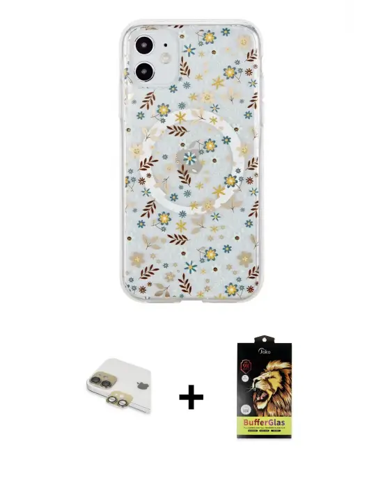 ieg™ iPhone 11 Kılıf Pusula Form - Siyah Buffer Cam Ekran Koruyucu + Pers Alüminyum Kamera Lens - GD