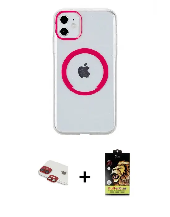 ieg™ iPhone 11 Kılıf Pusula Form - Siyah Buffer Cam Ekran Koruyucu + Pers Alüminyum Kamera Lens - KI