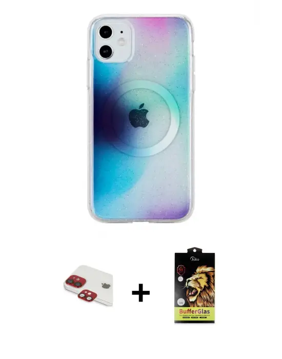 ieg™ iPhone 11 Kılıf Pusula Form - Siyah Buffer Cam Ekran Koruyucu + Pers Alüminyum Kamera Lens - KI
