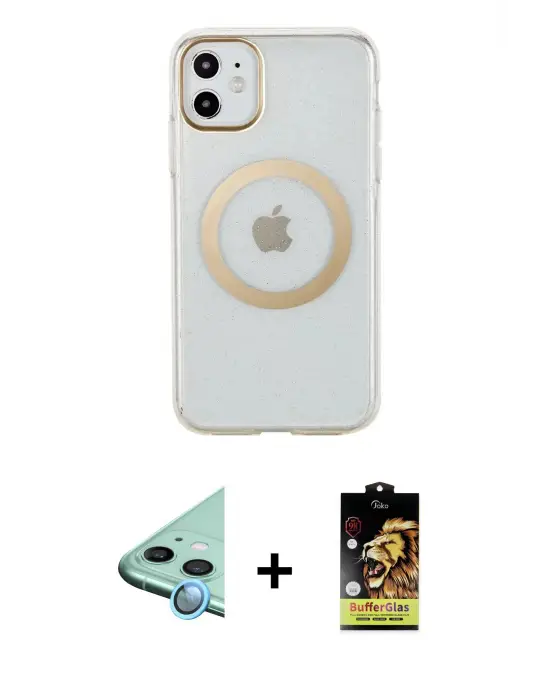 ieg™ iPhone 11 Kılıf Pusula Form - Siyah Buffer Cam Ekran Koruyucu + Raze Metal Kamera Lens - MI