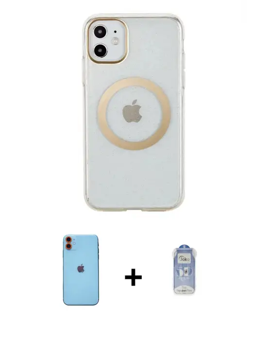 ieg™ iPhone 11 Kılıf Pusula Form - Siyah Joko Magic 5D Cam + Neon Fosforlu Kamera Lens - TU