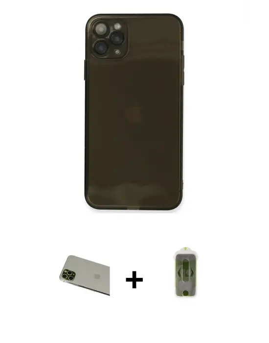 ieg™ iPhone 11 Pro Max Kılıf Ahenk Doku - Siyah Joko Magic 5D Hayalet Cam + Rainbow Kamera Lens Koruma Cam - YL