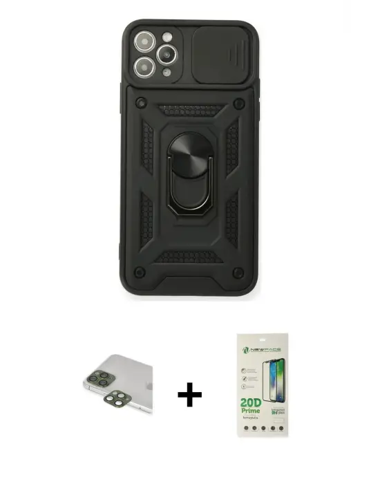 ieg™ iPhone 11 Pro Max Kılıf Ahenk Klasik - Siyah 20D Premium Cam Ekran Koruyucu + Pers Alüminyum Kamera Lens - YL