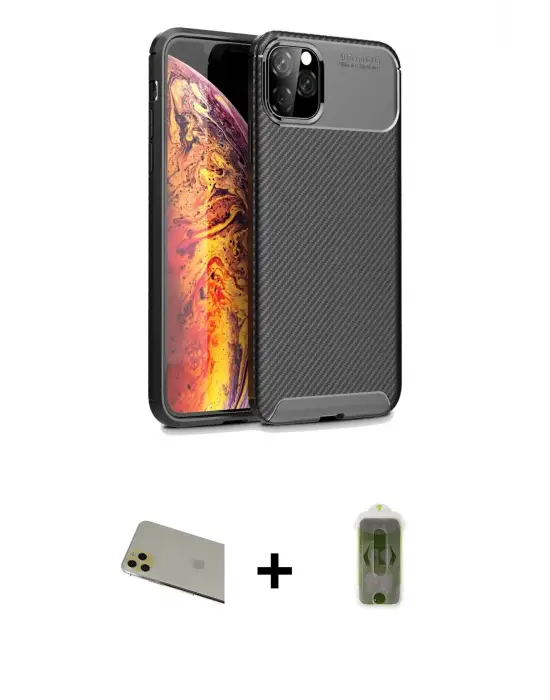 ieg™ iPhone 11 Pro Max Kılıf Eksen Form Prime - Siyah Joko Magic 5D Hayalet Cam + Rainbow Kamera Lens Koruma Cam - GD