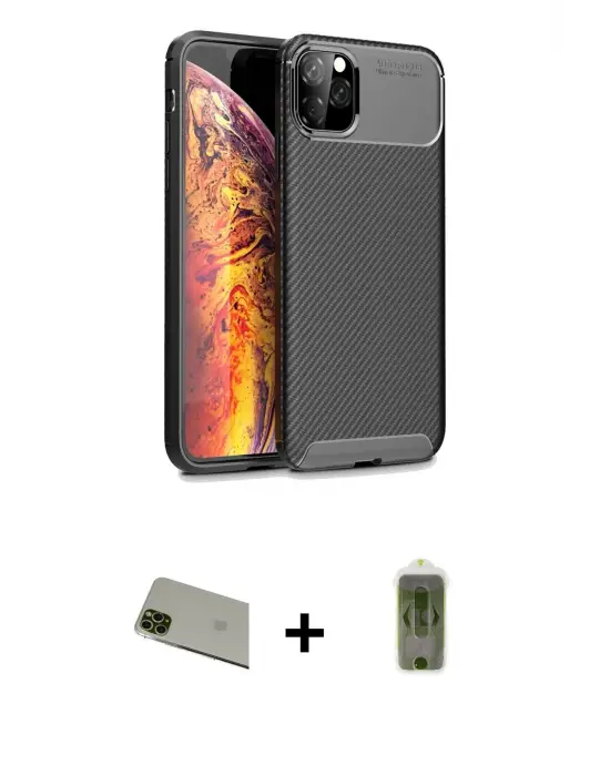 ieg™ iPhone 11 Pro Max Kılıf Eksen Form Prime - Siyah Joko Magic 5D Hayalet Cam + Rainbow Kamera Lens Koruma Cam - YL