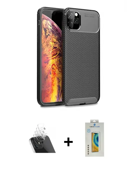 ieg™ iPhone 11 Pro Max Kılıf Eksen Form Prime - Siyah Polymer Nano Ekran Koruyucu + Kamera Lens Koruma Cam - SF