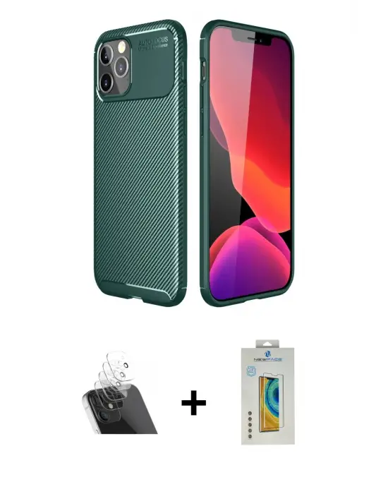 ieg™ iPhone 11 Pro Max Kılıf Eksen Form Prime - Siyah Polymer Nano Ekran Koruyucu + Kamera Lens Koruma Cam - SF