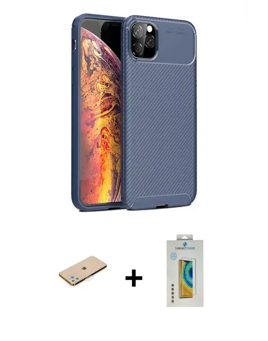 ieg™ iPhone 11 Pro Max Kılıf Eksen Form Prime - Siyah Polymer Nano Ekran Koruyucu + Renkli Kamera Lens Koruma Cam - YL