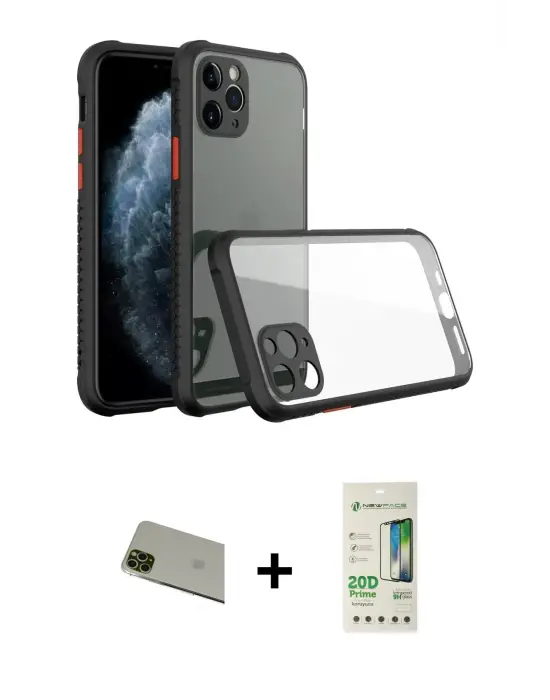 ieg™ iPhone 11 Pro Max Kılıf Nova Asil Özel Seri - Siyah 20D Premium Cam Ekran Koruyucu + Rainbow Kamera Lens Koruma Cam - YL