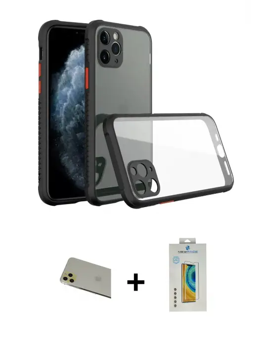 ieg™ iPhone 11 Pro Max Kılıf Nova Asil Özel Seri - Siyah Polymer Nano Ekran Koruyucu + Rainbow Kamera Lens Koruma Cam - GD