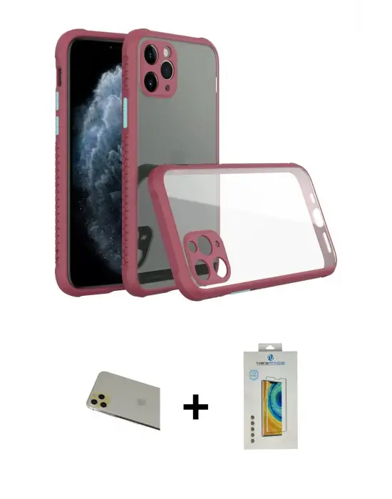 ieg™ iPhone 11 Pro Max Kılıf Nova Asil Özel Seri - Siyah Polymer Nano Ekran Koruyucu + Rainbow Kamera Lens Koruma Cam - GD