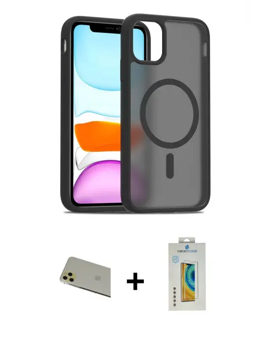 ieg™ iPhone 11 Pro Max Kılıf Siluet Minimal Prime - Siyah Polymer Nano Ekran Koruyucu + Rainbow Kamera Lens Koruma Cam - GD