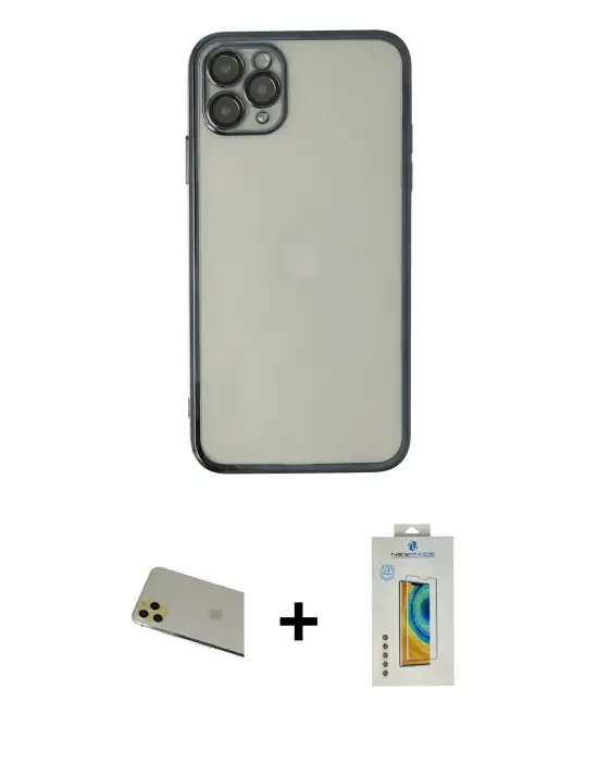 ieg™ iPhone 11 Pro Max Kılıf Vadi Minimal - Siyah Polymer Nano Ekran Koruyucu + Rainbow Kamera Lens Koruma Cam - GD